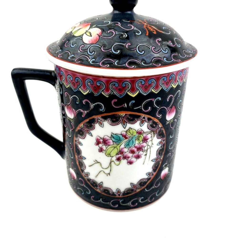 Vintage Chinese Tea Cup Mug Lid Floral Flowers Coffee Drinks Porcelain Ceramic